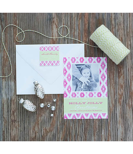 Diamond Ikat Holly Printable Holiday Photo Card - Pink and Lime